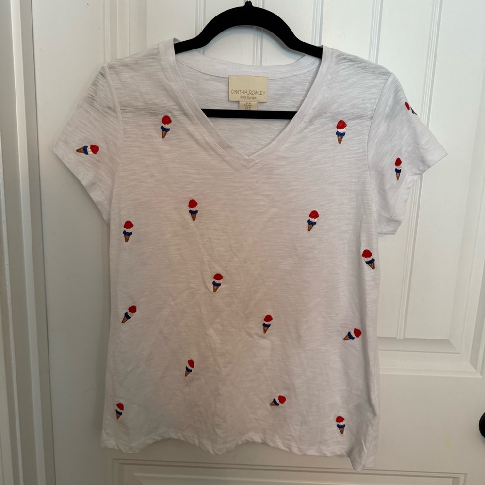 Cynthia Rowley White V-Neck Tee with Red & Blue Ice Cream Embroidery